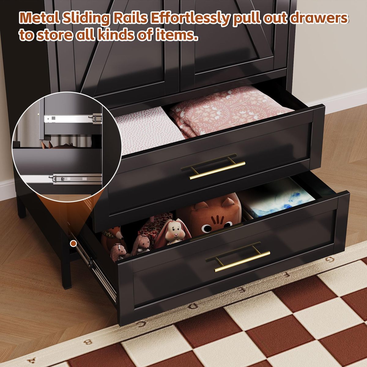 Black metal wardrobe closet in bedroom setting