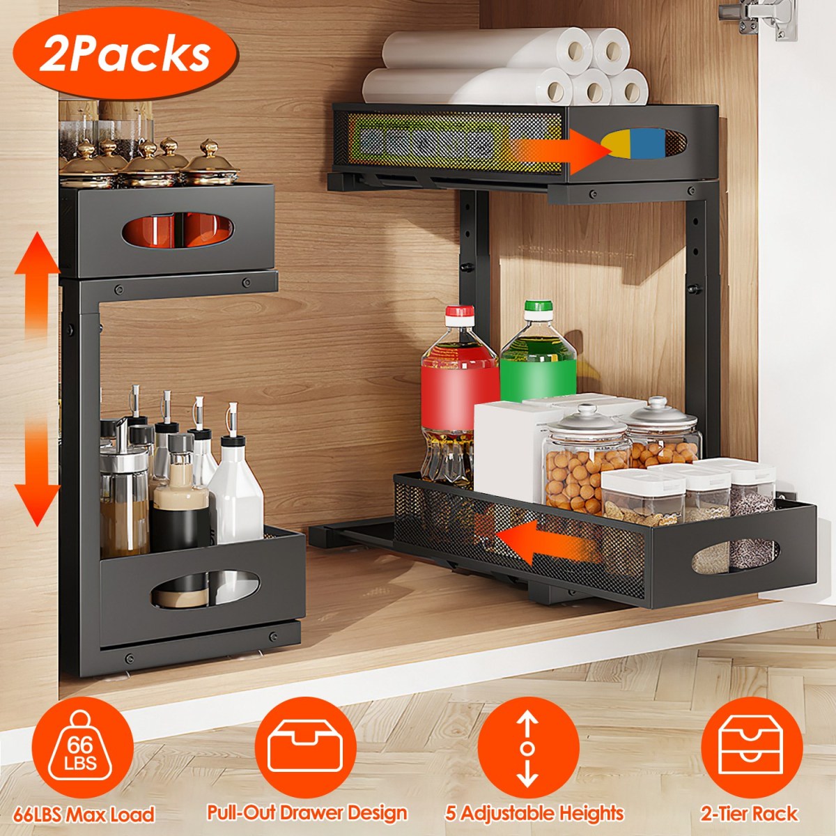 2-Tier under sink pull-out organizer, front view