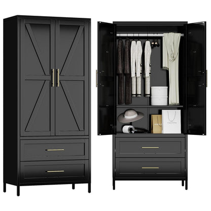 Modern black metal wardrobe armoire, closed doors, front view