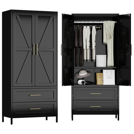 Modern black metal wardrobe armoire, closed doors, front view