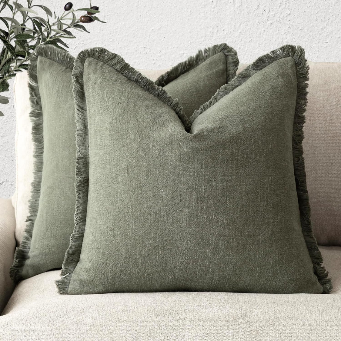 Olive Green Linen Fringe Pillow Cover