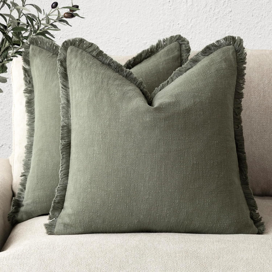 Olive Green Linen Fringe Pillow Cover