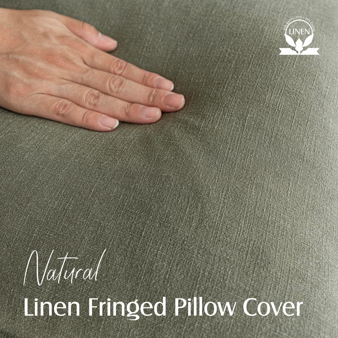 Olive Green Linen Fringe Pillow Cover detail