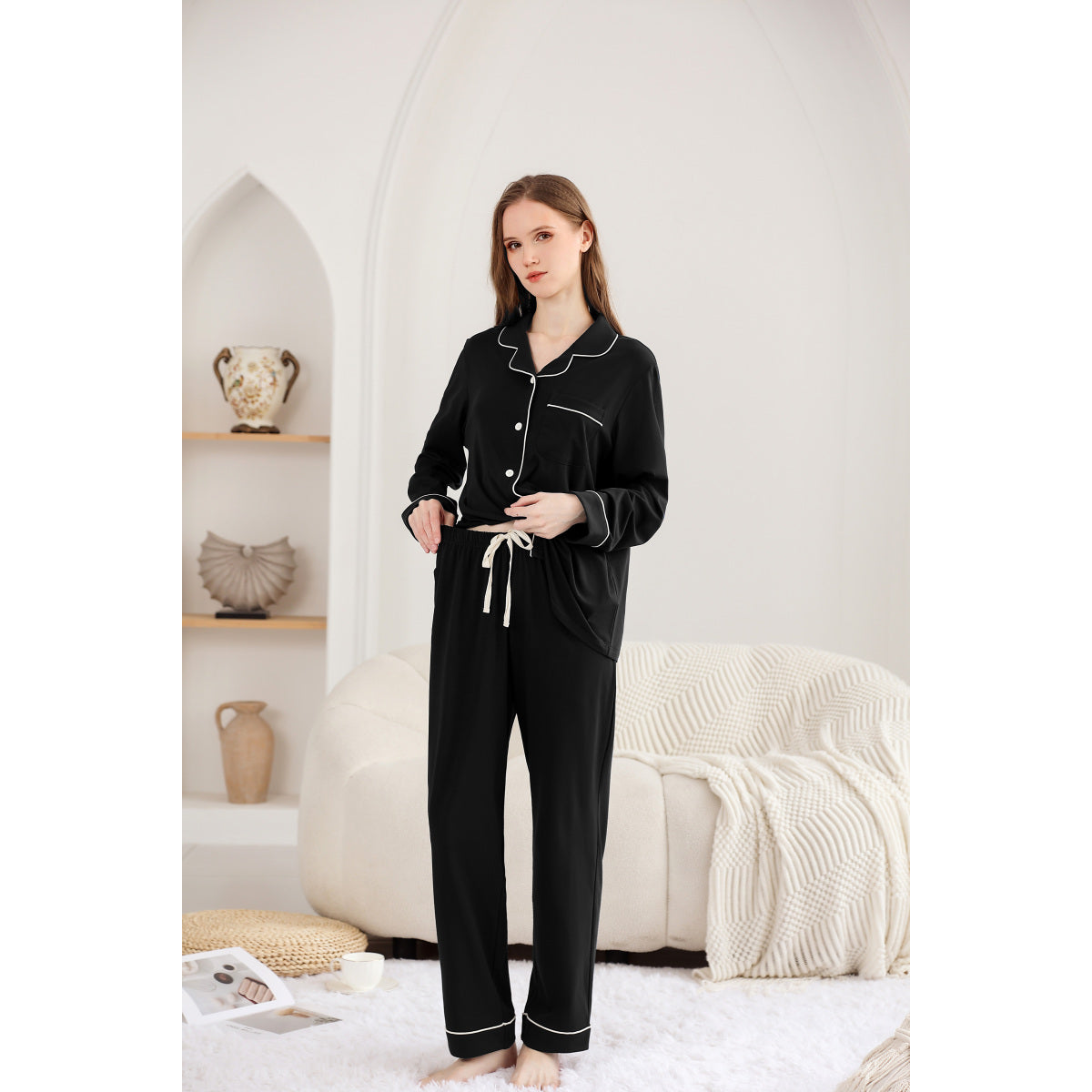 Piped Button-Down Cotton Pajama Set detail
