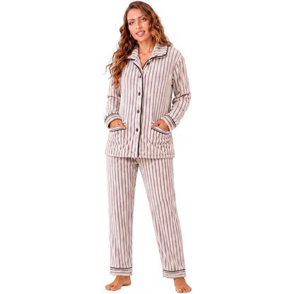 Ribbed Button-Front Plush Fleece Pajama Set