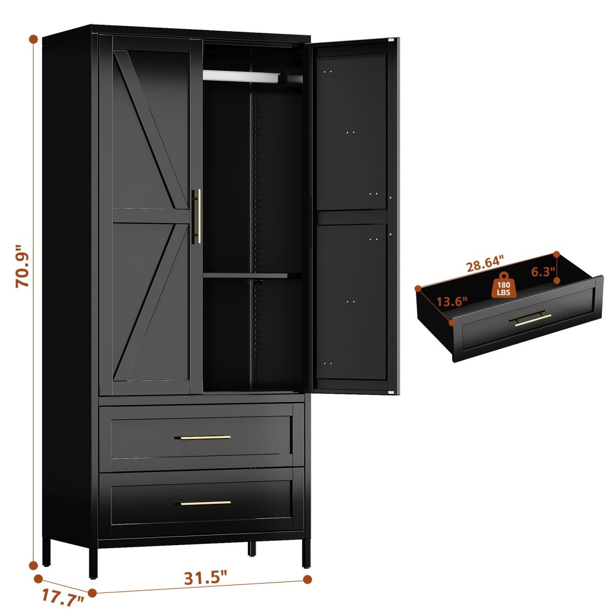 Black metal wardrobe closet detail view