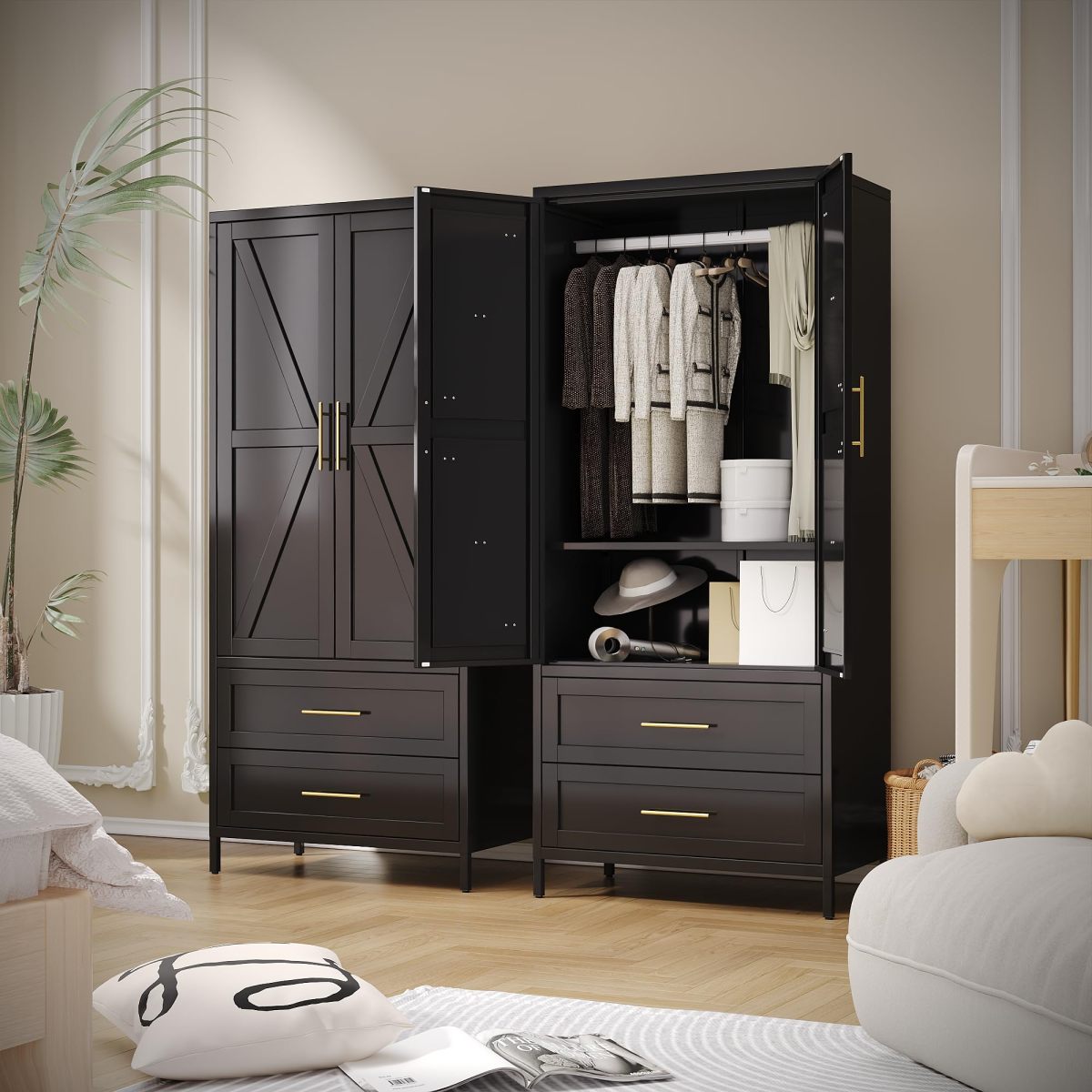 Modern black metal wardrobe armoire with doors open showing hanging rod and shelf